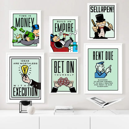 Monopoly Millionaire Dollar Money Poster Cartoon Figure Motivational Quote Canvas Painting Room Wall Art Picture For Home Decor