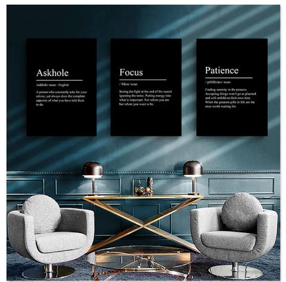 Black Minimalist Inspirational phrases Poster Print Success Focus Patience Definition Canvas Painting for Home Office Wall Decor