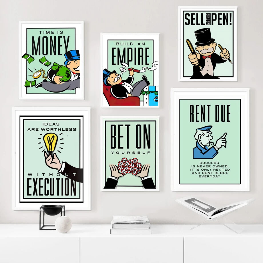 Monopoly Millionaire Dollar Money Poster Cartoon Figure Motivational Quote Canvas Painting Room Wall Art Picture For Home Decor